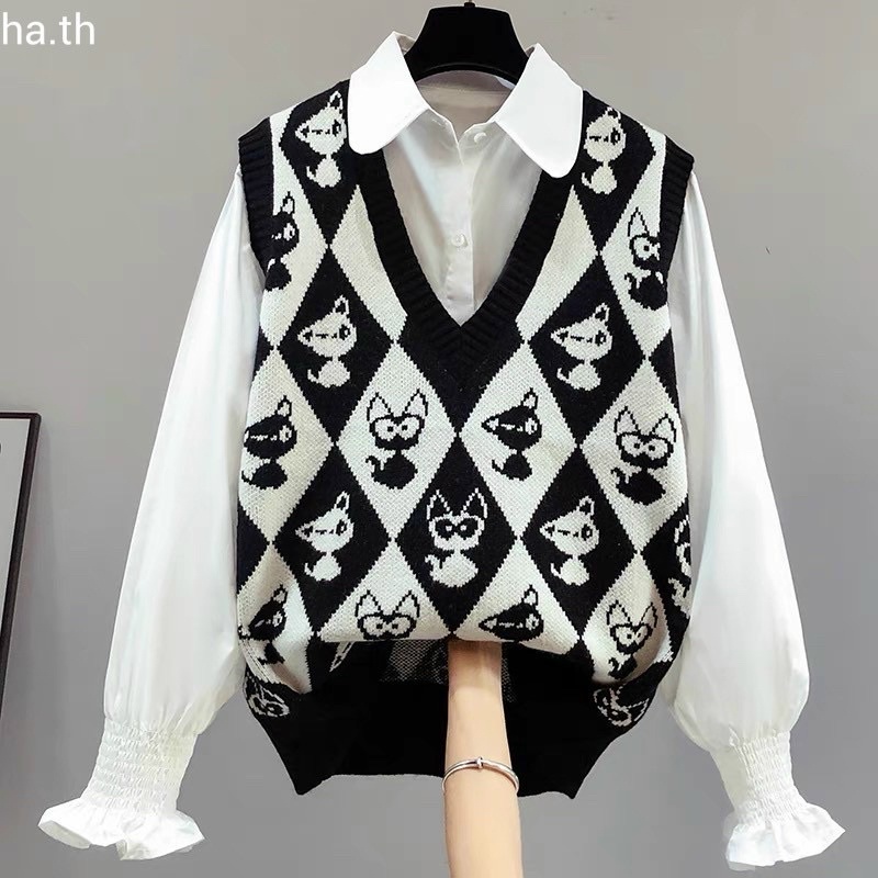 ÁO len nữ, áo gile họa tiết quả trám _Len ghi lê Áo Dệt Kim Không Tay Cổ Chữ V Phong Cách Retro Hàn Quốc