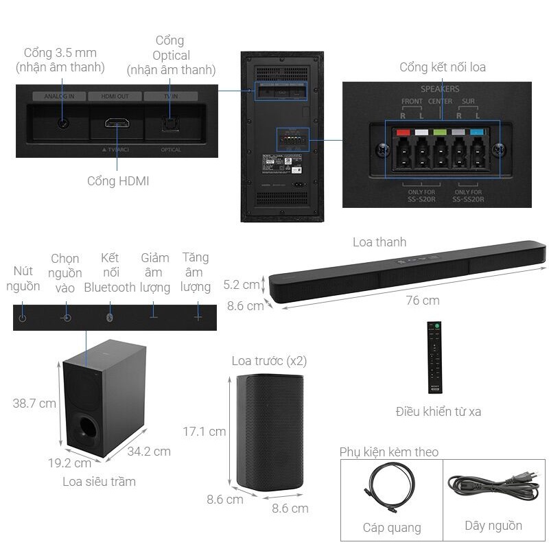 Dàn Loa âm thanh Soundbar Sony 5.1 HT-S20R  Hàng Chính Hãng Mới 100% Bảo Hành 12 Tháng