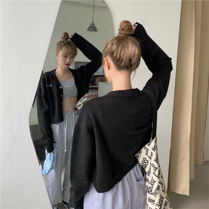 Áo khoác cardigan dệt kim cổ chữ V thêu chữ phong cách Hàn Quốc