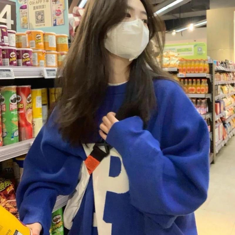Áo Sweater Xanh Chữ P Unisex [FREESHIP] Nỉ form rộng tay phồng kiểu dáng thể thao đường phố hàn quố