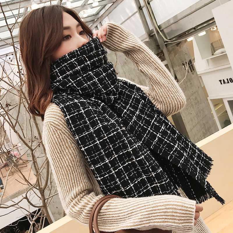 ~Rẻ nhất~ Khăn dạ Tweed Dongdaemun Hàn Quốc quàng cổ mùa đông ấm áp họa tiết kẻ đen trắng phụ kiện đôi nam nữ