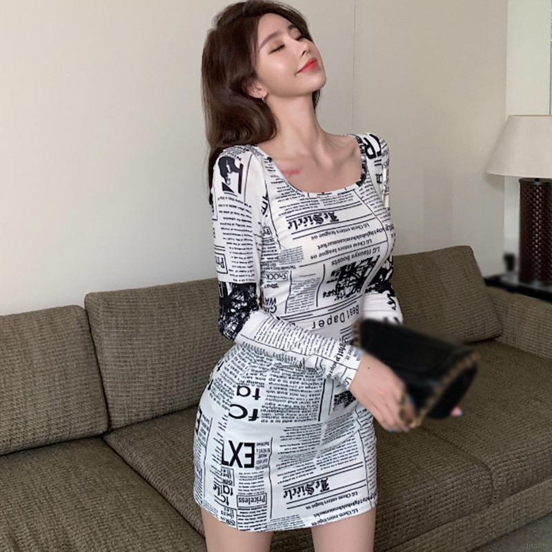 Đầm Dài Tay In Họa Tiết Tờ Báo Độc Đáo Phong Cách Hàn Quốc Cho Nữ