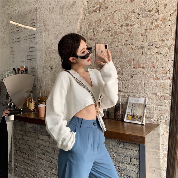 IELGY Áo polo dệt kim mỏng dáng rộng cổ chữ V phong cách retro phương tây