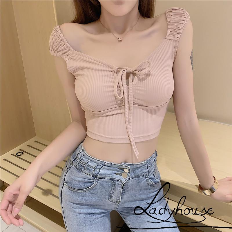 Áo Croptop Dệt Kim Tay Ngắn Màu Sắc Trơn Cột Dây Phía Trước Gợi Cảm Cho Nữ