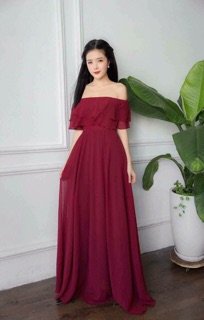 Đầm Maxi trễ vai 2 tầng bèo đỏ đô