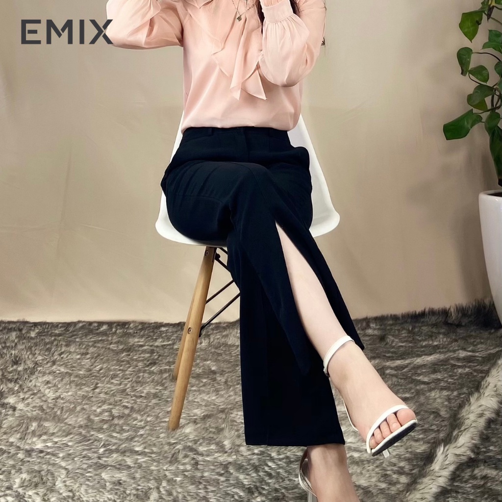 Quần tây nữ công sở ống loe xẻ trước EMIX (màu đen), dáng dài 92cm, cạp cao, khóa giữa, ống loe, chất tuyết mưa 2026