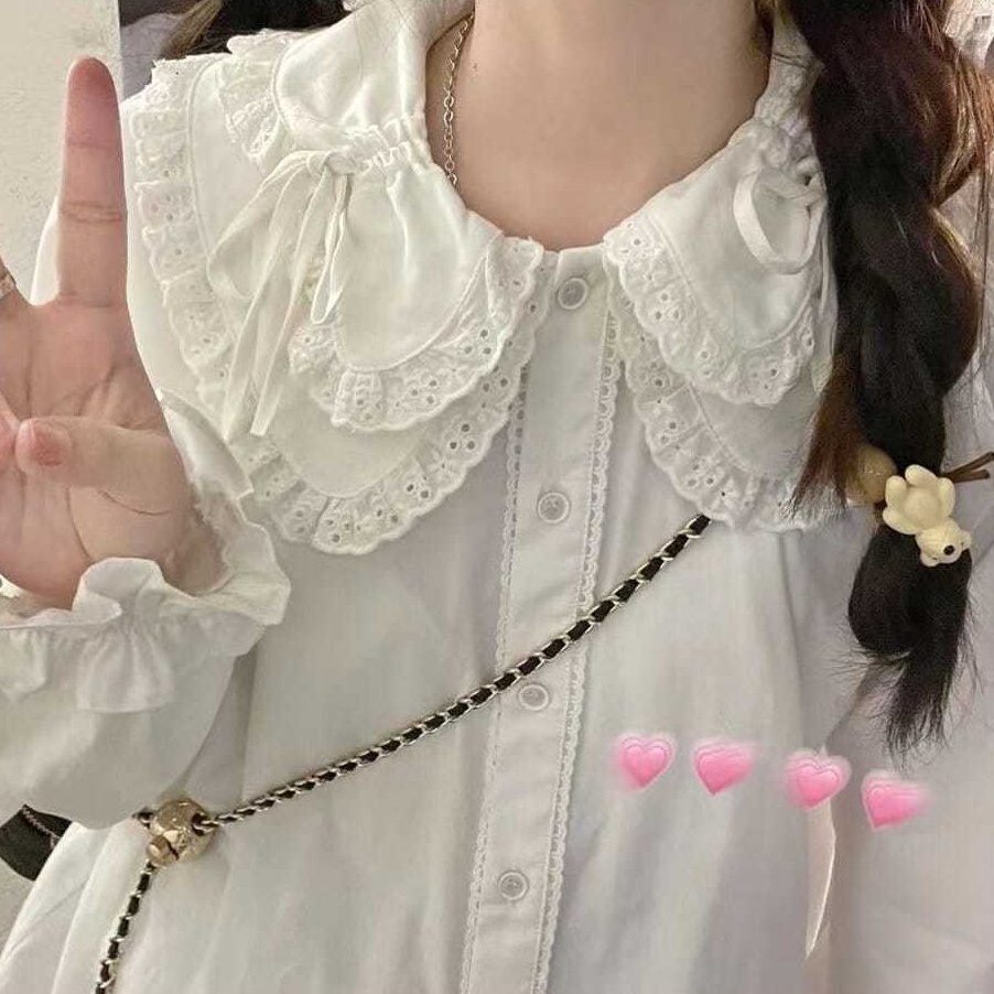 Áo Kiểu Tay Dài Cổ Búp Bê Phối Ren Phong Cách Lolita Đáng Yêu Cho Nữ