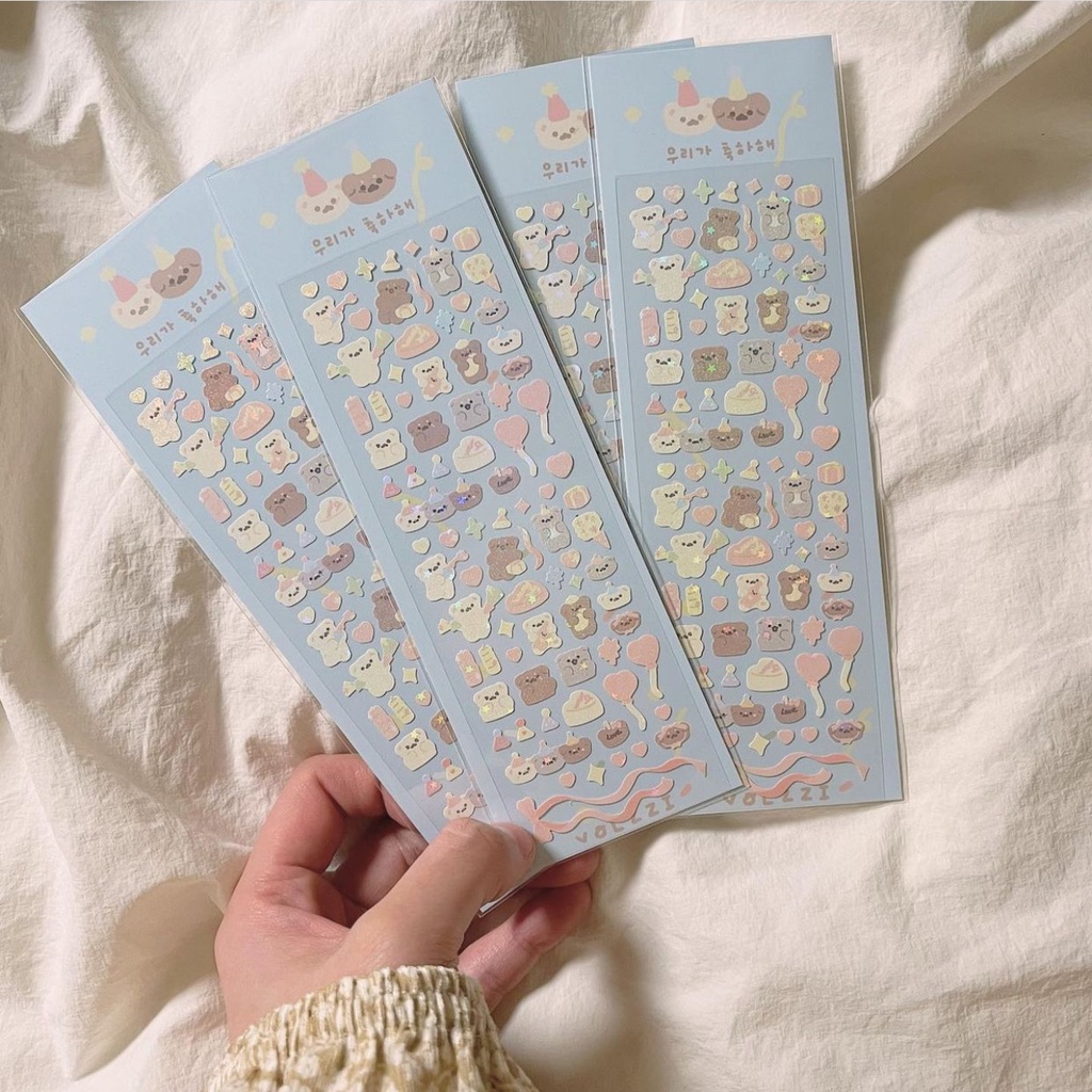 Sticker 15K - Nhãn Dán Mini Gấu Thỏ Có Nhũ Lấp Lánh Trang Trí Polcols/ Toploader Hàn Quốc