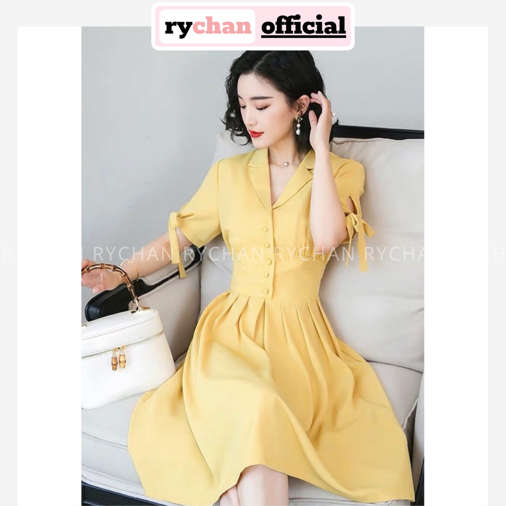 [ẢNH THẬT CUỐI] DX595 - Đầm Xòe Vàng Đắp Chéo Cổ Vest Nút Bọc Nơ Tay Công Sở