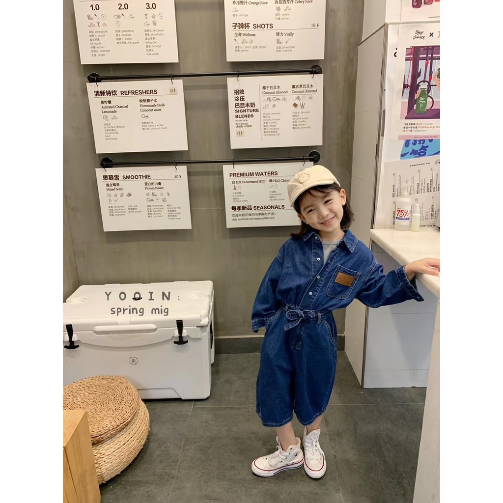 Áo liền quần Vải Jean Phong Cách Hàn Quốc Thời Trang Xuân Thu 2021 Cho Bé 3-8 Tuổi