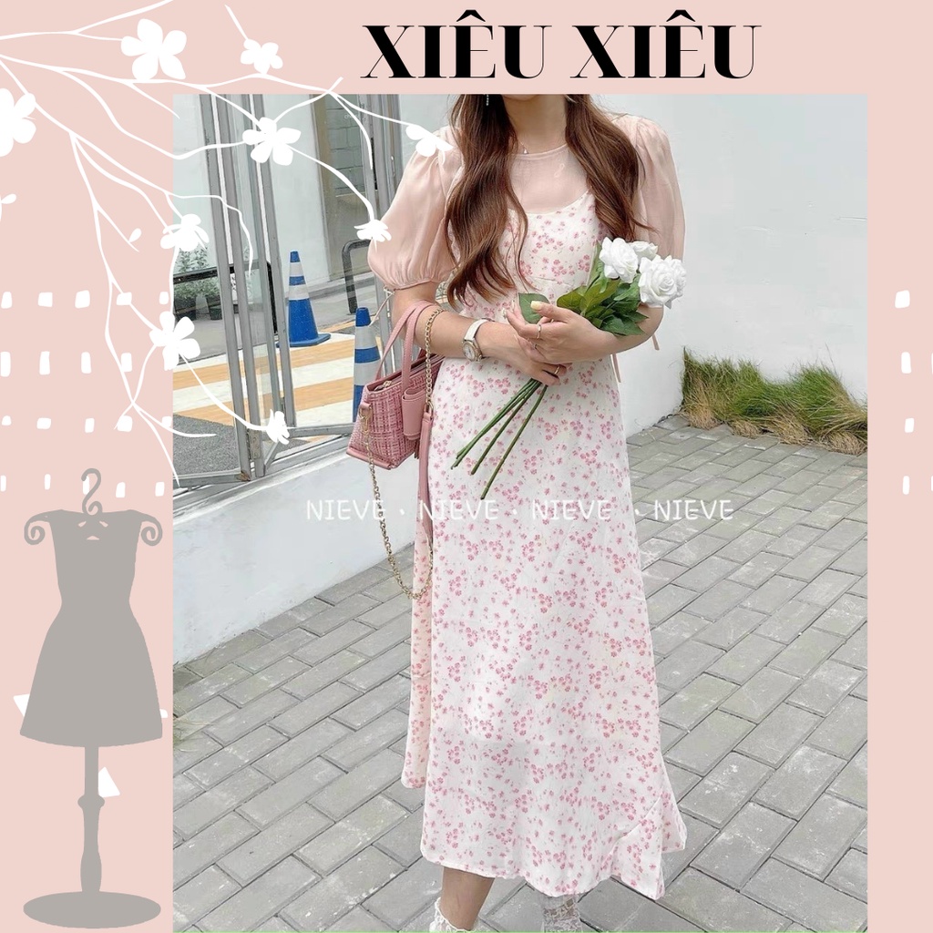 Set Váy Yếm Hoa Kèm Áo Cổ Tròn Tay Bồng-Váy Hoa Nhí-Đầm Nữ