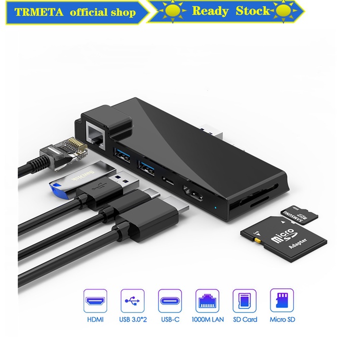 TRMETA Surface Pro 7 USB C Hub Adapter Dock Station Đầu Đọc Thẻ Chuyển Đổi 4K HDMI PD Cho Microsoft 