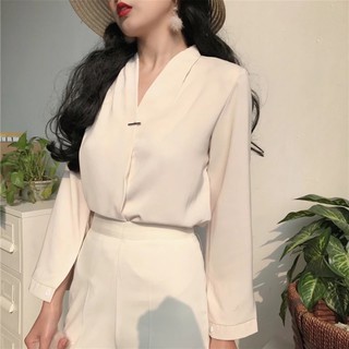 Áo sơ mi nữ cổ tim dài tay hàn quốc (oder) kèm ảnh thật