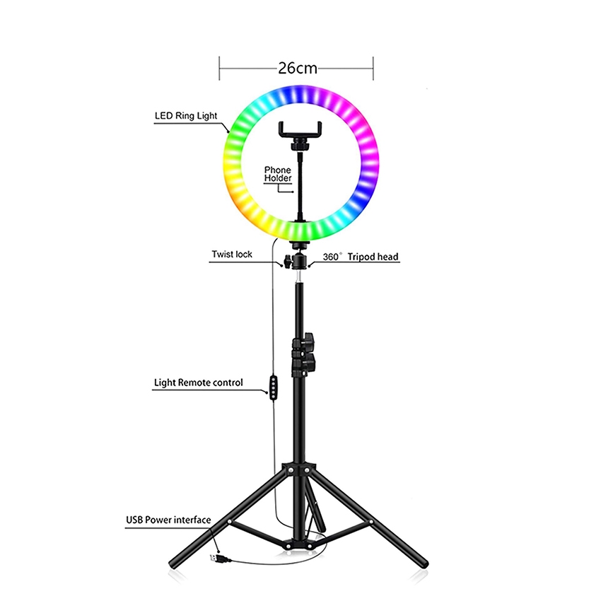Selens Vòng Đèn LED RGB 10inch 16 Màu Kèm Giá Đỡ Điện Thoại 10 Mức Độ Sáng Dùng Trang Điểm Quay Video YouTube