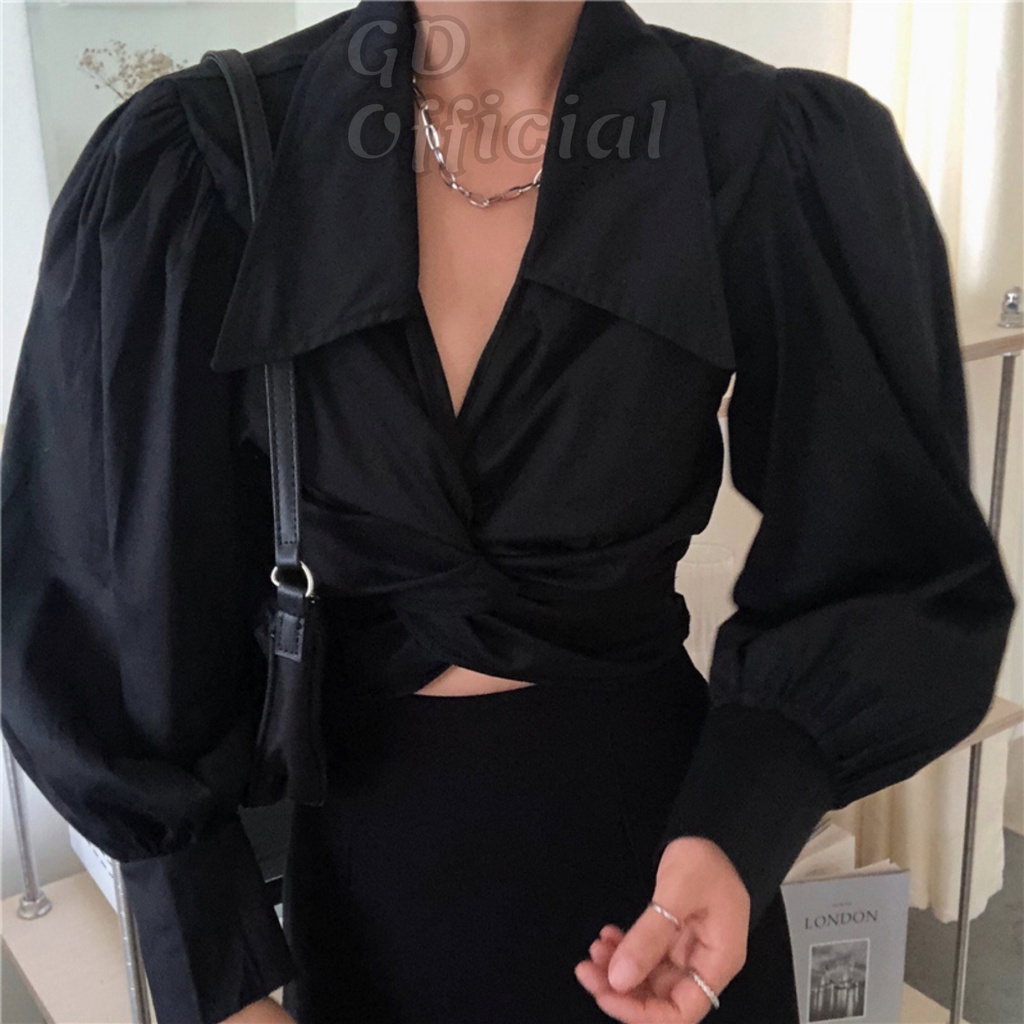 A54|Áo sơ mi nữ thắt lưng eo cá tính hở ngực dáng croptop màu trắng, đen GD Official