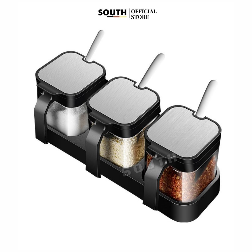 Bộ hũ đựng gia vị thủy tinh SOUTH HGV3 phối INOX kèm khay và muỗng cao cấp