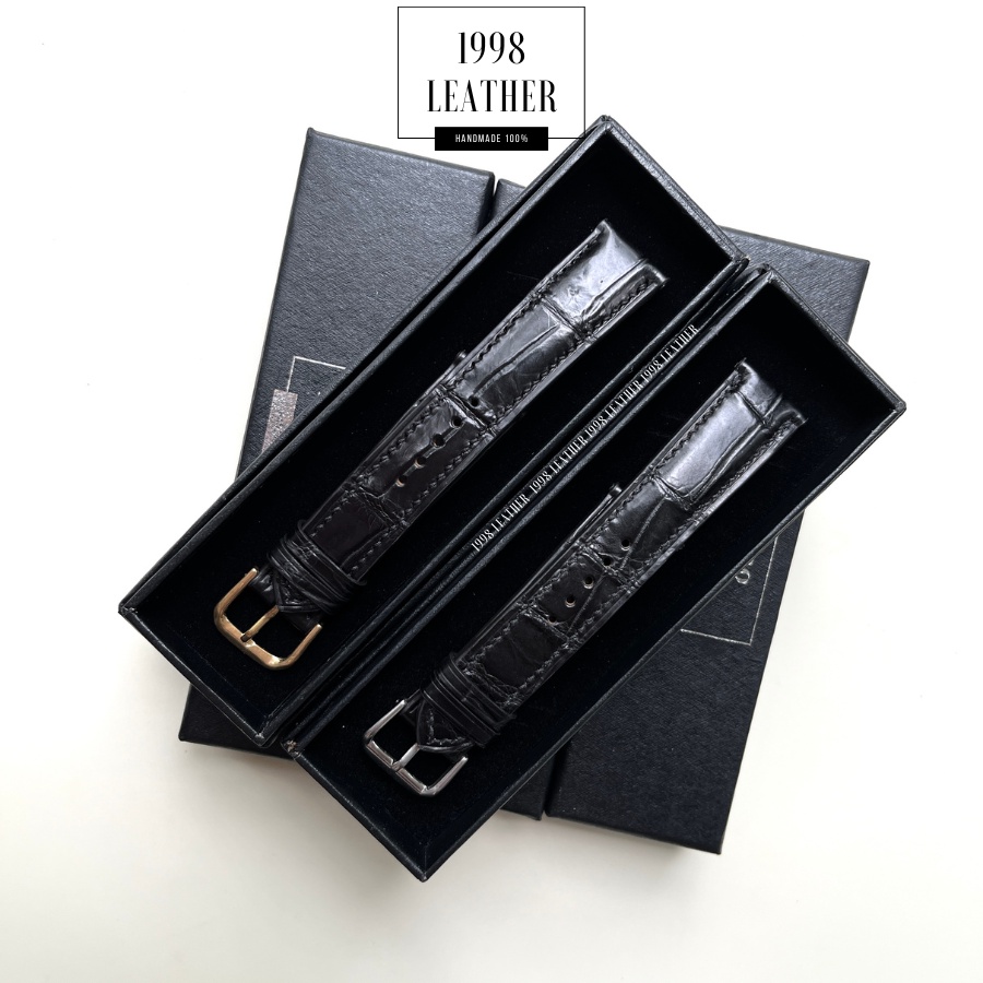 Dây Đồng Hồ Da Cá Sấu Thật Size 22mm, 20mm, Handmade Cao Cấp, Màu Đen, Chống Nước, Chính Hãng, Bảo Hành 6 Tháng