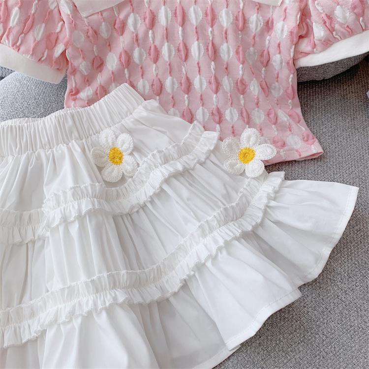 Set Áo Thun Tay Ngắn Phồng Đính Nơ Phối Chân Váy Thời Trang Hè Hàn Quốc 2022 Mới Cho Bé Gái