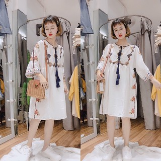 Đầm thổ cẩm thêu hoa họa tiết vintage phong cách boho đi du lịch