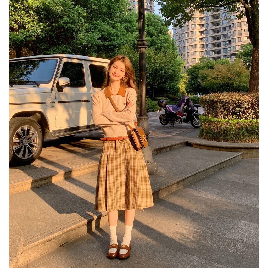 Nimo WANG Áo Sweater Chui Đầu Cổ Polo Tay Dài Kẻ Sọc Màu Tương Phản Kiểu Retro Mỹ Thời Trang Mùa Thu Cho Sinh Viên