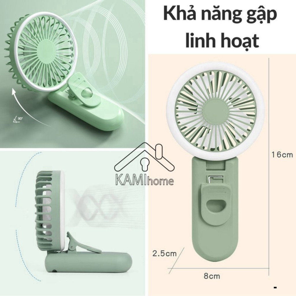 Quạt cầm tay mini ❤️Kẹp điện thoại và đèn Led❤️ 5 cánh Pin sạc tích điện cổng USB chính hãng YaSe 17004 bảo hành 3 tháng