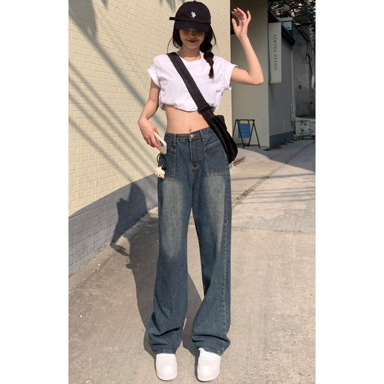Quần Jeans Nữ Lưng Cao Ống Rộng Phong Cách Retro