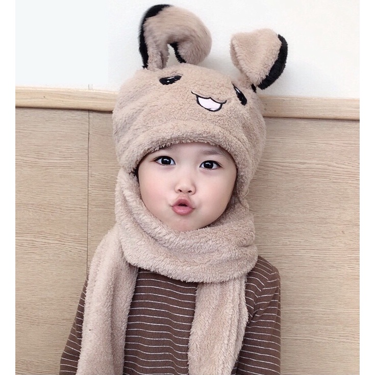 Mũ lông tai thỏ ú oà kèm khăn quàng cổ liền găng tay dành cho bé 0-4 tuổi, 4-9 tuổi và trên 9 tuổi ấm áp mùa đông mã T74