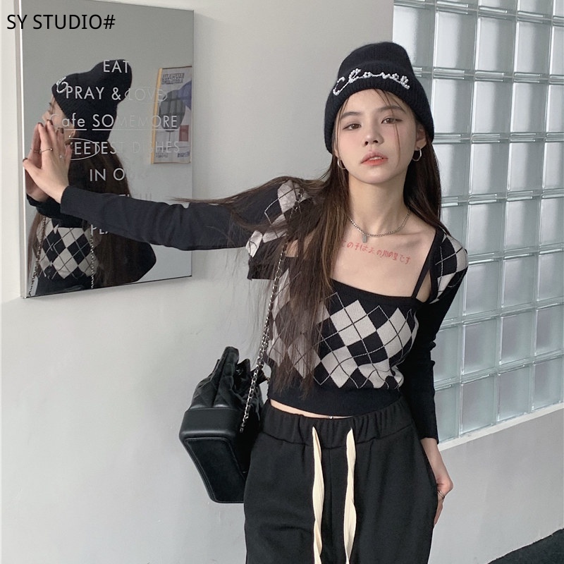 SUXI Áo croptop dệt kim tay dài phong cách Hàn Quốc