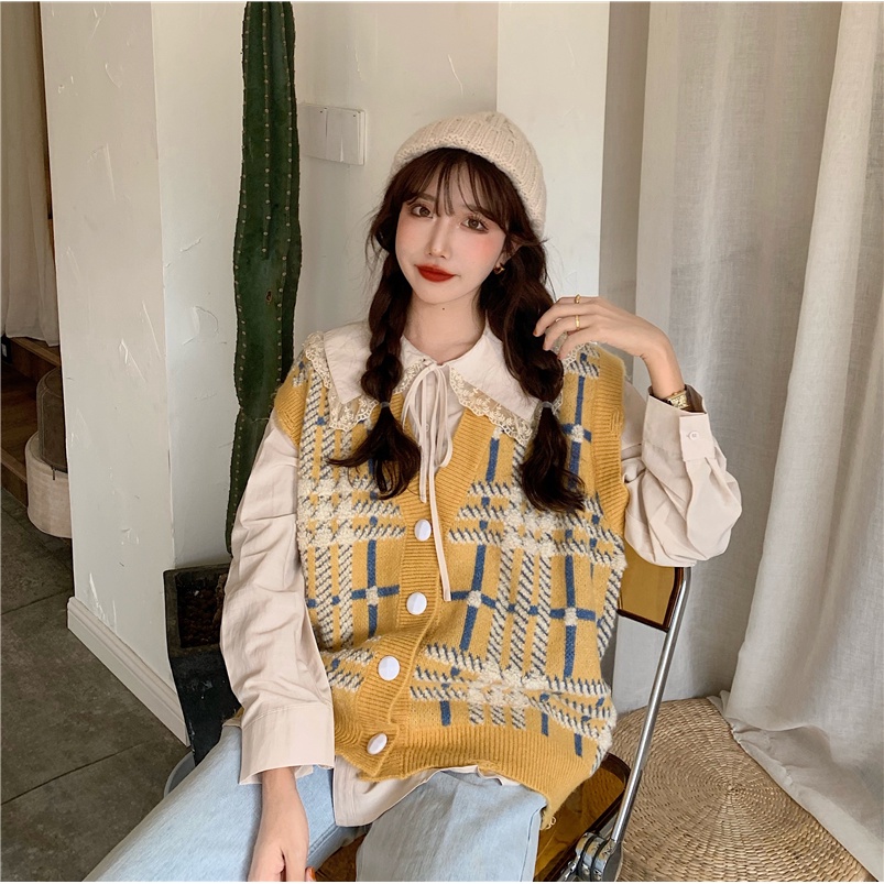Áo Dệt Kim Cổ Chữ V Họa Tiết Sọc Caro Phong Cách Cổ Điển Thời Trang Thu Đông Hàng Mới