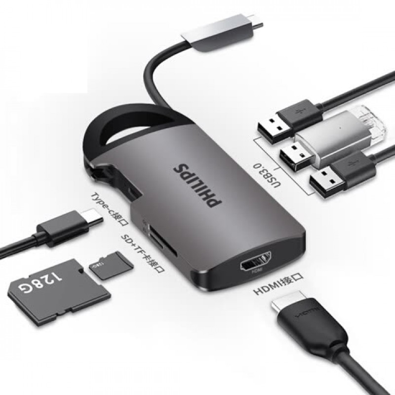 Cáp chia Type C sang 3 USB 3.0 + HDMI 4K + khe đọc thẻ micro SD + SD + Lan Gigabit DLK 6518c/94 8 in 1
