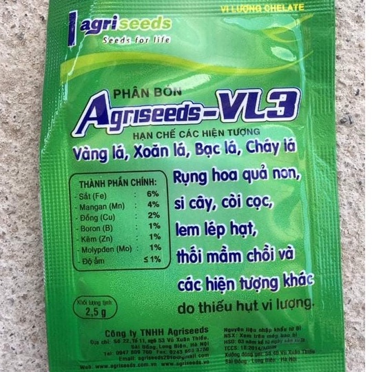Phân bón vi lượng Agriseed VL3_còi cọc, vàng lá, xoăn lá, bạc lá, cháy lá, rụng quả non, lem lép hạt, thối mầm chồi