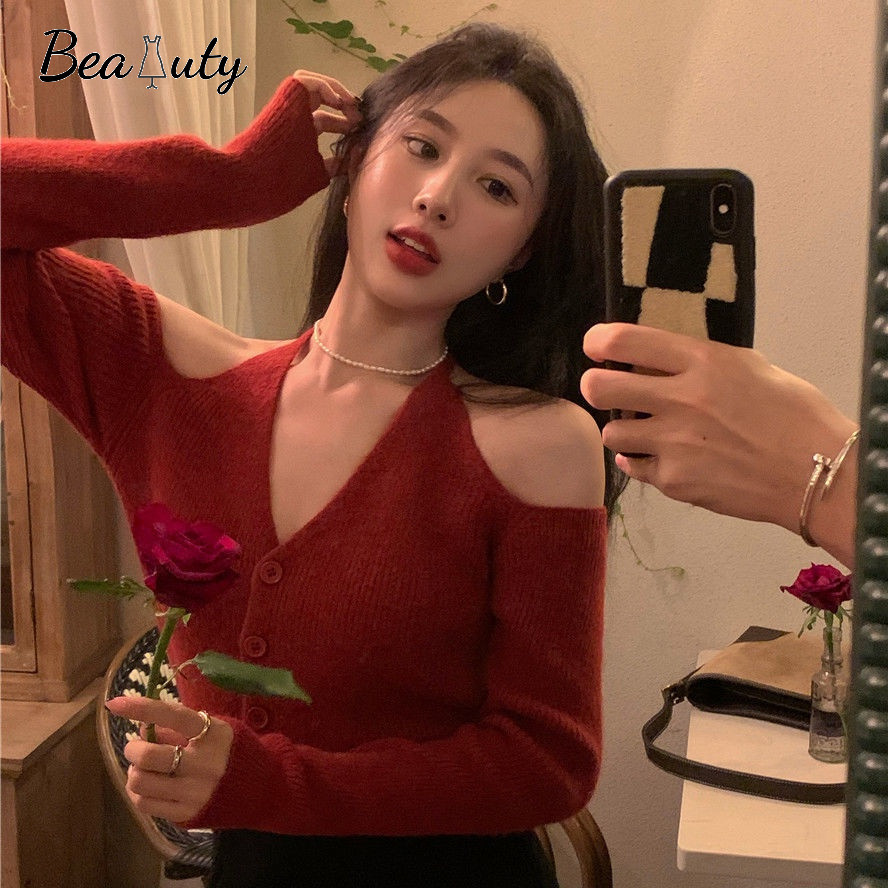 [MURIOKI] Áo Sweater Dệt Kim Tay Dài Màu Đỏ Phong Cách Giáng Sinh Cho Nữ