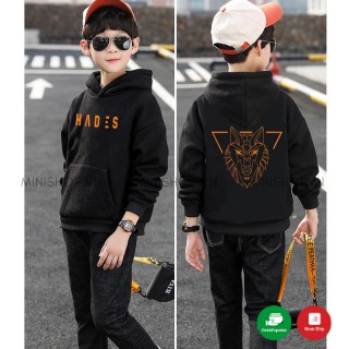 Áo hoodie trẻ em Unisex in hình sói độc đáo / Áo hoodie Unisex màu đen form rộng vải nỉ dầy ấm phong cách