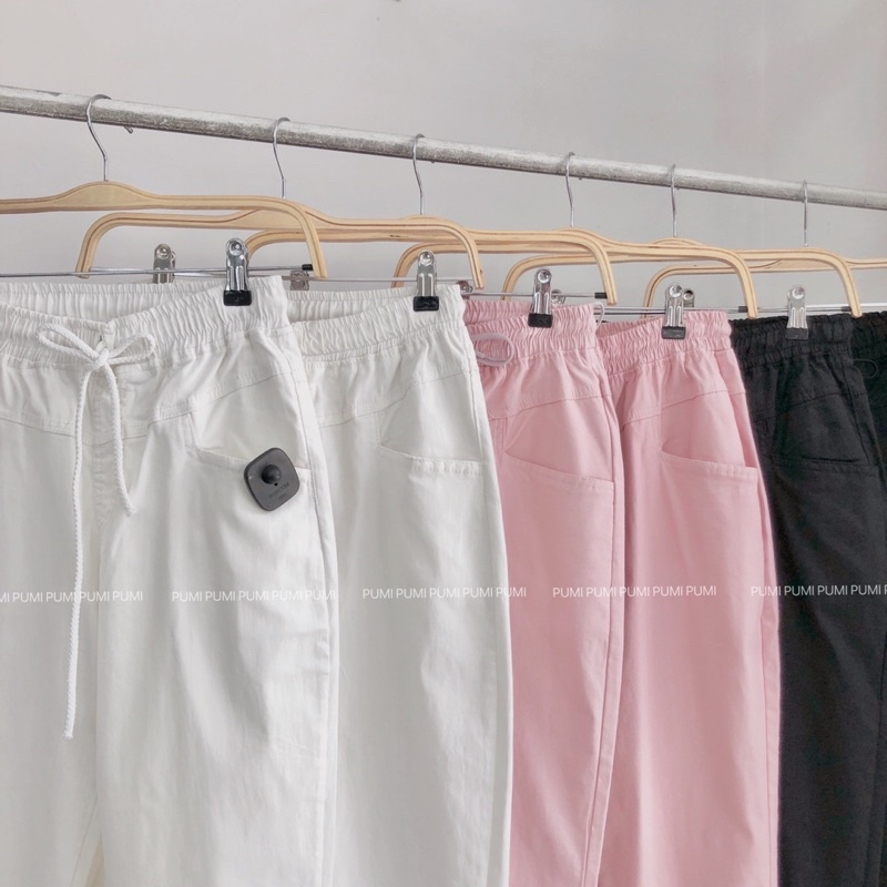Quần dáng baggy ống suông nữ dây rút lưng thun chất kaki thun có độ co giãn tốt 3 size SML Pumi
