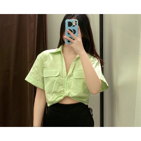 Zara Áo Sơ Mi Vải Lanh Co Giãn Dáng Ngắn Thời Trang Mùa Hè 7385036Áo blouse