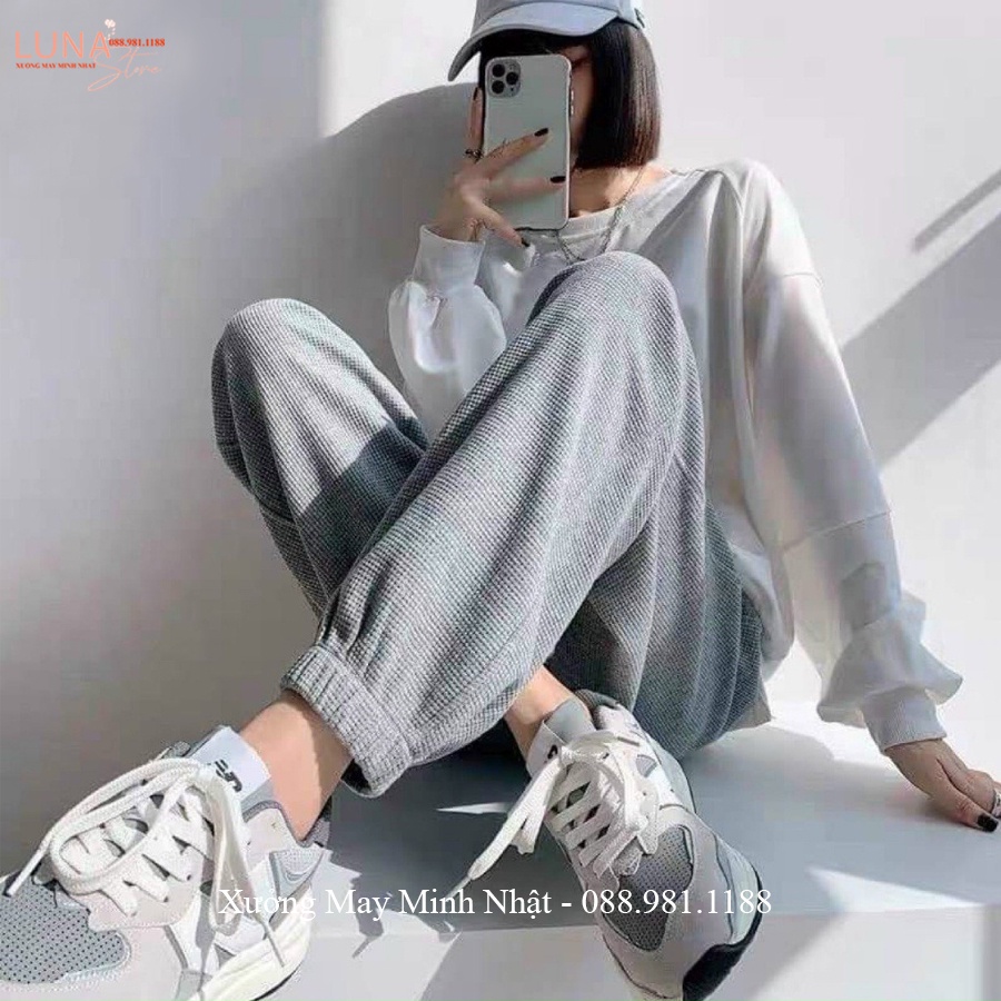 Quần Jogger Nỉ Nữ Ống Rộng Bo Gấu Cạp Chun Dây Rút Vải Tổ Ong Cao Cấp Dáng Quần Thể Thao Jogger Mặc Ở Nhà Đi Học Tập Gym