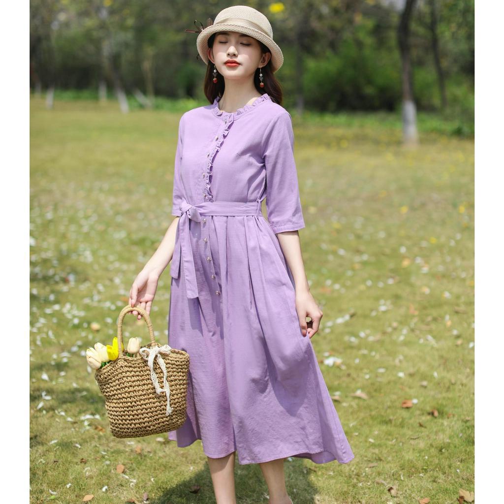 Đầm nữ dáng suông dài tay lỡ, cổ bèo cài cúc, có dây thắt eo, chất liệu Linen mềm phong cách retro cho nữ