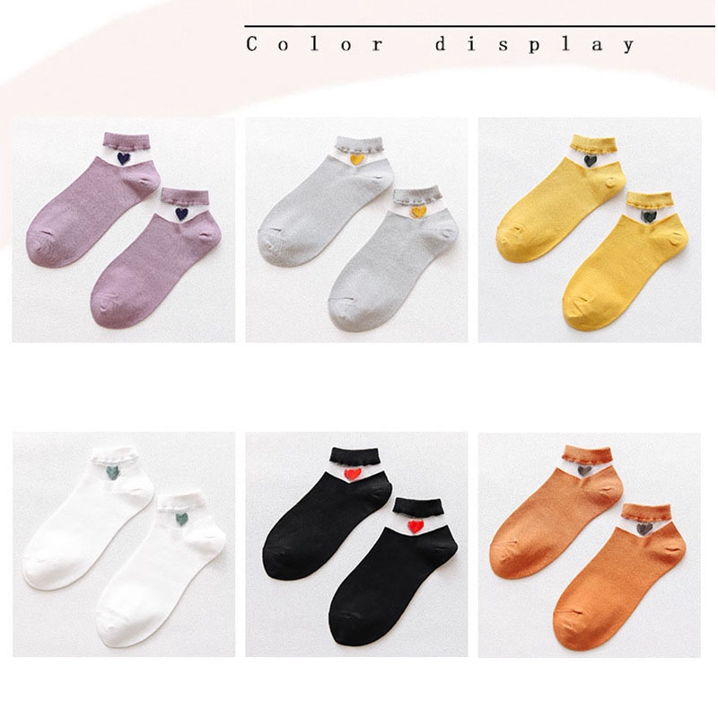 Heart Love Emboridery Women Ankle Socks Summer Fashion Candy Color Transparent Glass Silk Breathable Ladies Socks Girls Hosiery