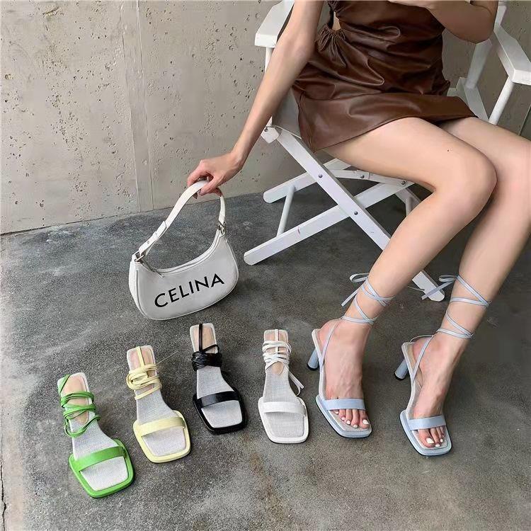Giày Sandal Cao Gót Mũi Vuông Cột Dây Màu Trắng Thời Trang Mùa Hè Cho Nữ