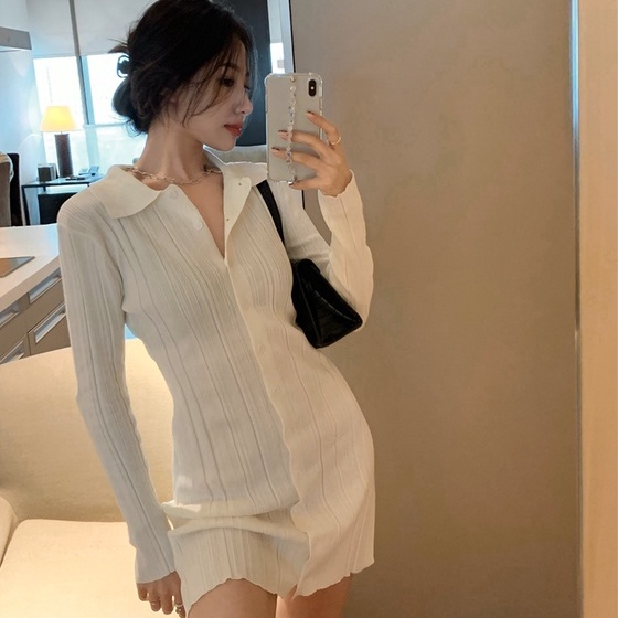 Đầm dệt kim ZHELIHANGFEI tay dài cổ polo quyến rũ thời trang cho nữ