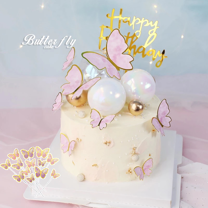Set 10 Phụ Kiện Trang Trí Bánh Kem Hình Bướm Màu Vàng Hồng