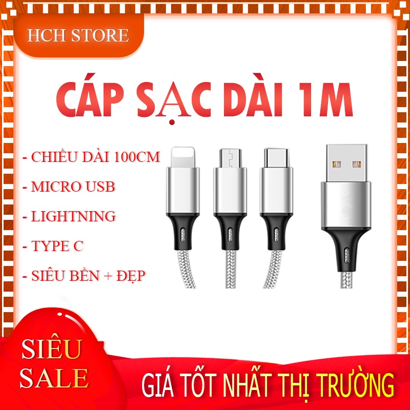 Cáp Sạc Lightning - Micro USB - Type C - Dài 1m - Dây sạc Kim Cương Sạc Nhanh