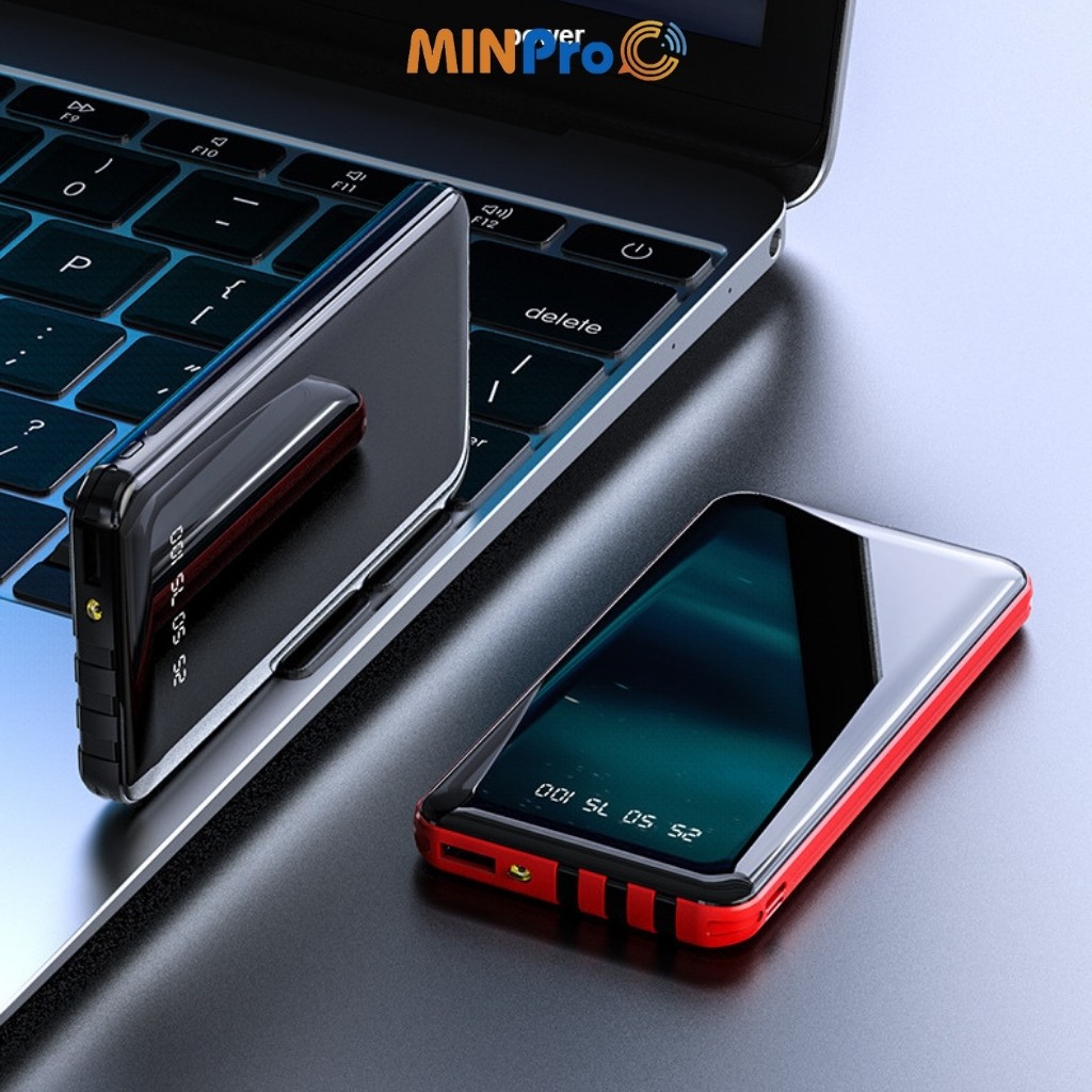 Pin sạc dự phòng MINPRO 10000mAh hình chữ nhật mini, nhỏ gọn, tặng kèm dây cáp 3 đầu và có miếng đỡ điện thoại