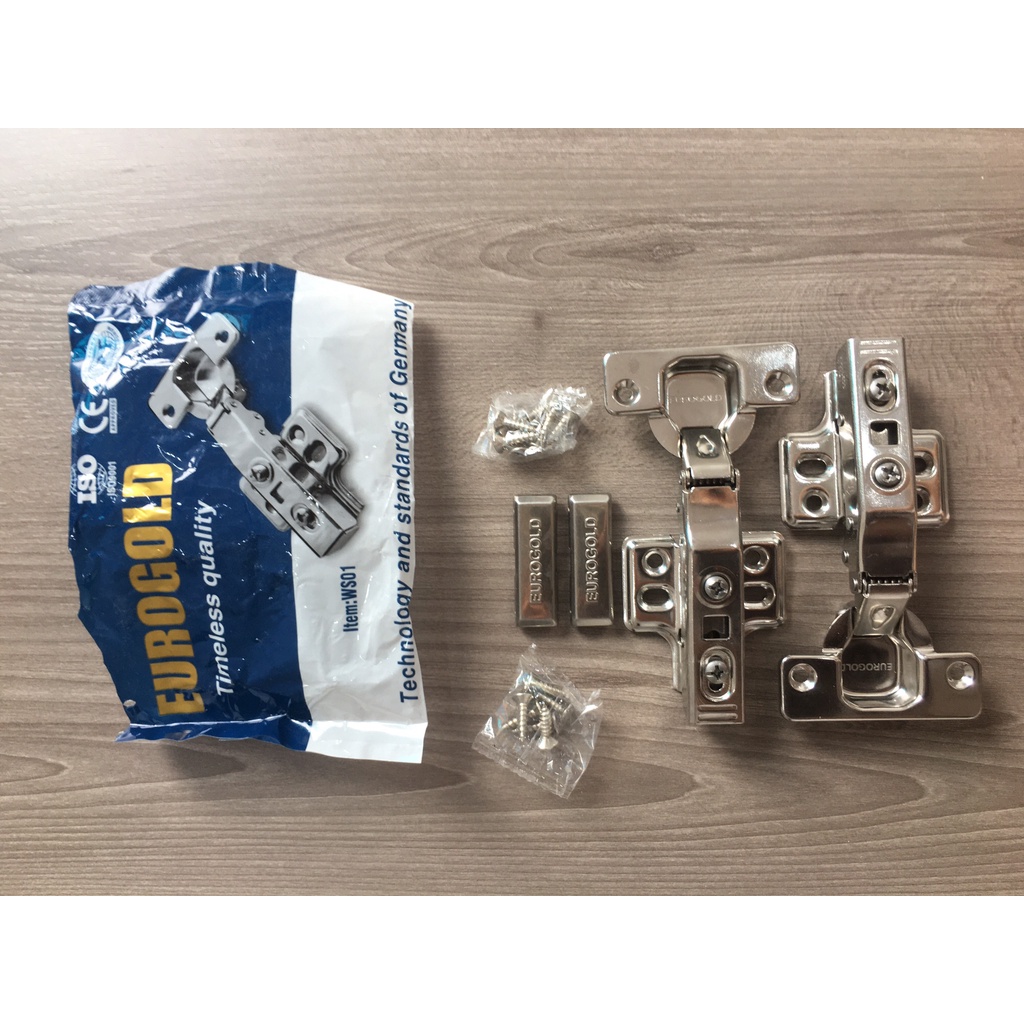 EUROGOLD - Bản lề thép giảm chấn 1 lớp mạ pitong to lắp thường thẳng/ cong 1/2/ cong 3/4