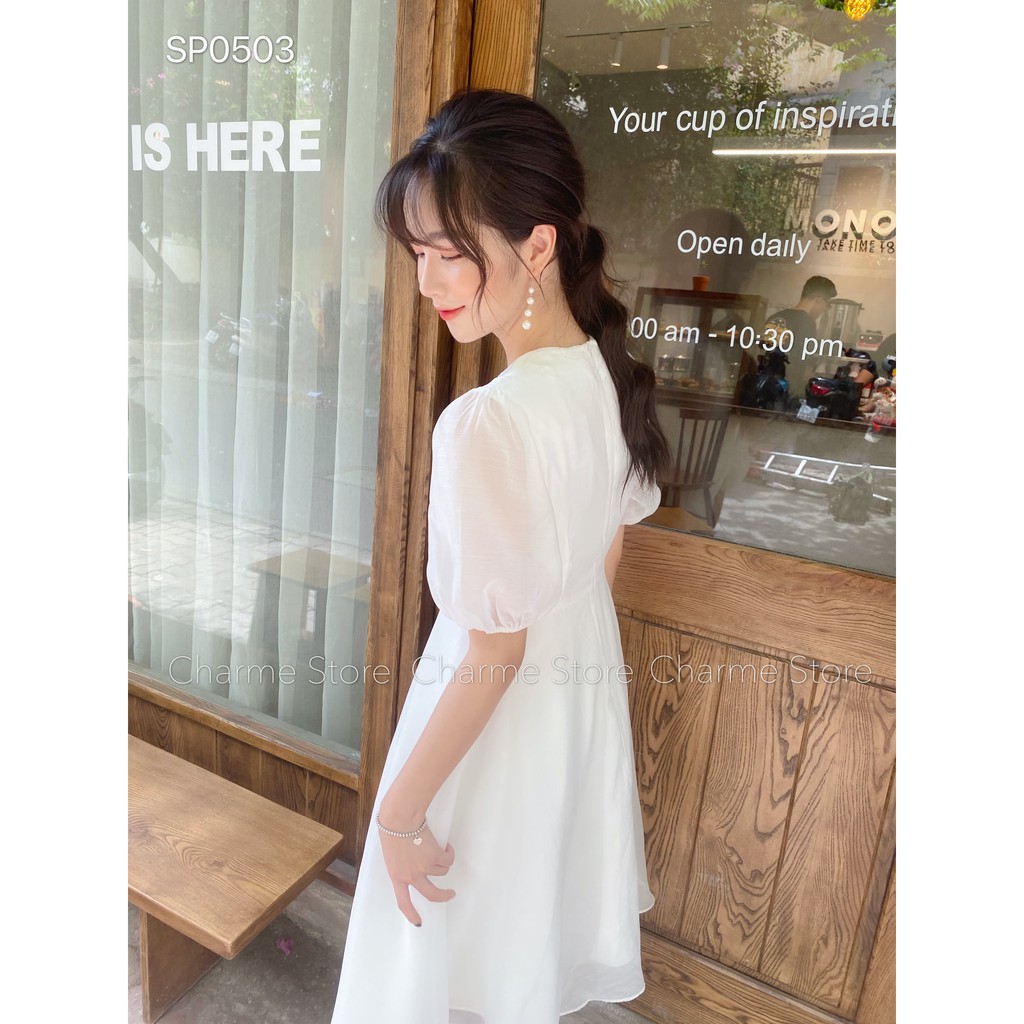 Váy nữ 💖Charme 💖Váy nữ Ruyt dáng xòe ngang gối màu trắng | BigBuy360 - bigbuy360.vn