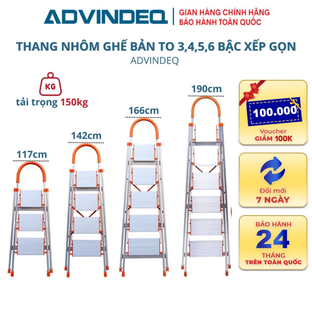 Thang nhôm ghế bản to 3,4,5,6 bậc, chống trơn trượt ADVINDEQ, Bảo hành chính hãng 24 tháng