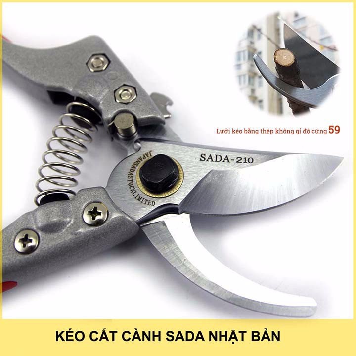 Kéo cắt cành cây SADA 210mm Nhật Bản (Bộ kèm lò xo sơ cua và Bao đựng kéo chuyên dụng)