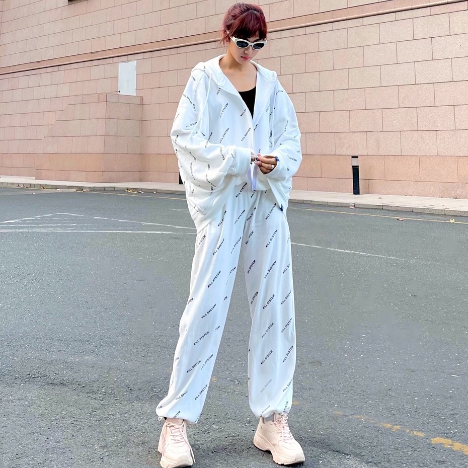 Quần thun dáng suông ống rộng màu  Kill System chữ xéo, vải chân cua oversize phong cách unisex | BigBuy360 - bigbuy360.vn