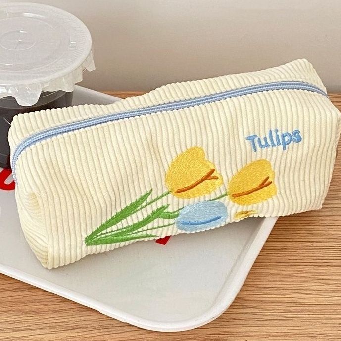 Túi Đựng Bút Chì / Mỹ Phẩm Bằng Vải Nhung Kẻ Thêu Họa Tiết Sức Chứa Lớn Cho Nữ