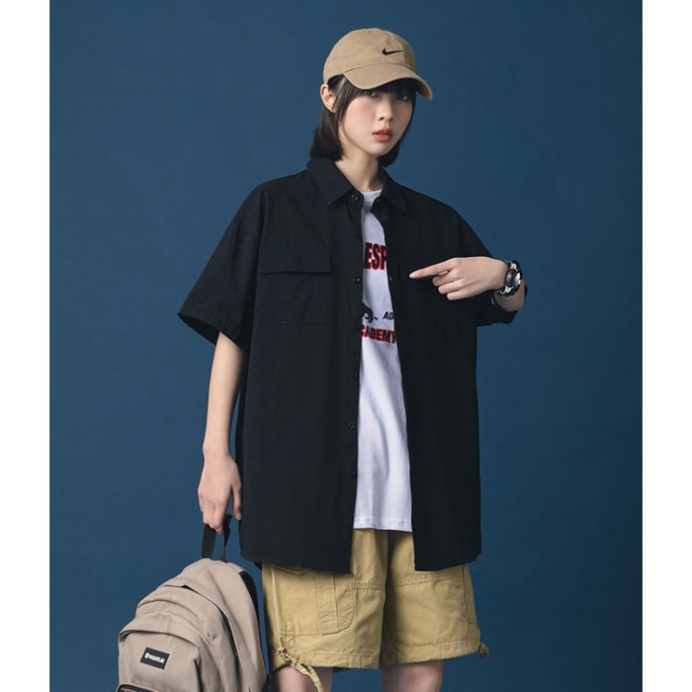 Áo sơ mi đen ngắn tay unisex nam nữ siêu hot | BigBuy360 - bigbuy360.vn